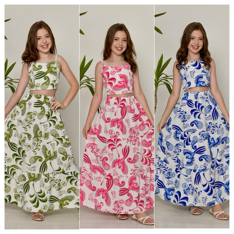 Conjunto Infantil Juvenil Saia + Croped com laço Top alcinha regata três marias Florido Farm em Oferta na Shopee