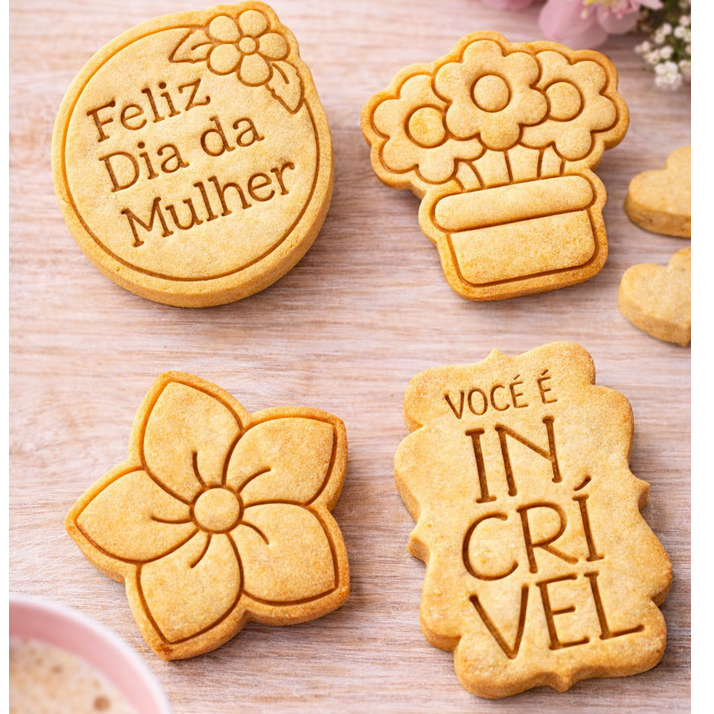 Kit 4 Cortador Dia das Mulheres  6CM - Frases e Flores em Oferta na Shopee