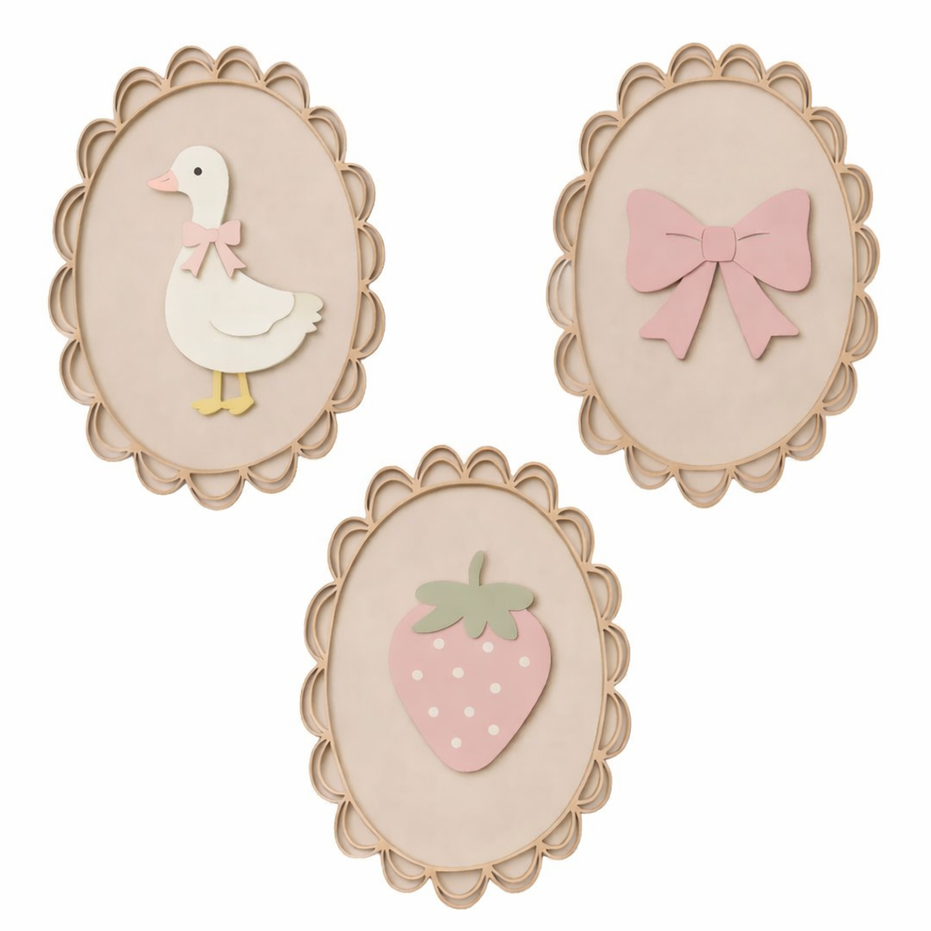 Kit 3 Quadrinhos Decorativos Flor Provençal MDF • Quarto Infantil • Decoração Ganso Laço Morango Rose em Oferta na Shopee