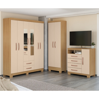 Kit Quarto Casal Guarda Roupa 6P 2G com Espelho Comoda Sapateira 1P 4G e Armário Multiuso Carvalho Off White em Oferta na Shopee
