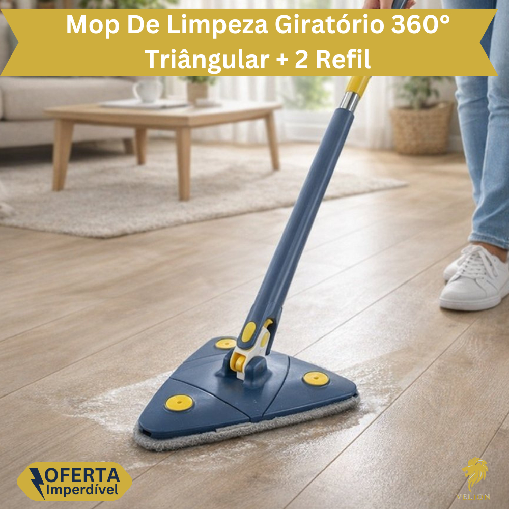 Kit Mop De Limpeza Giratório 360° Triângular + 2 Refil Reutilizável para Mop Triangulo Mágico