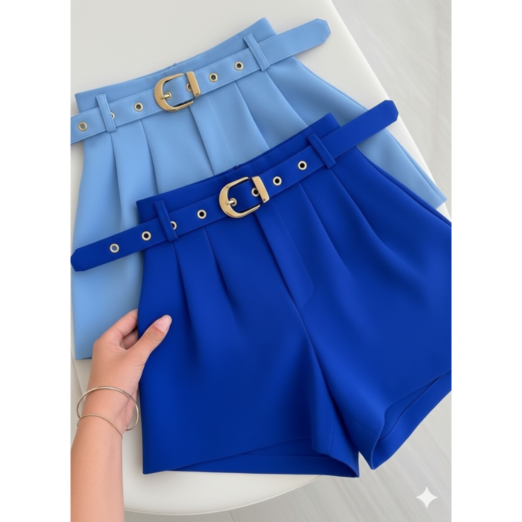 Short Alfaiataria Feminino Cintura Alta Com Cinto Tendência Verão 2026