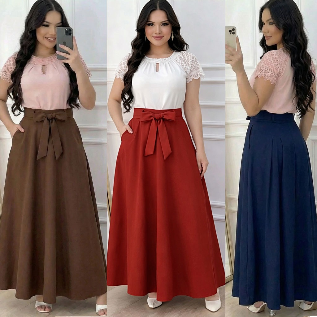 Saia Godê Longa Evangélica Moda Feminina Malha Crepe com Cinto e Bolso Plus Size
