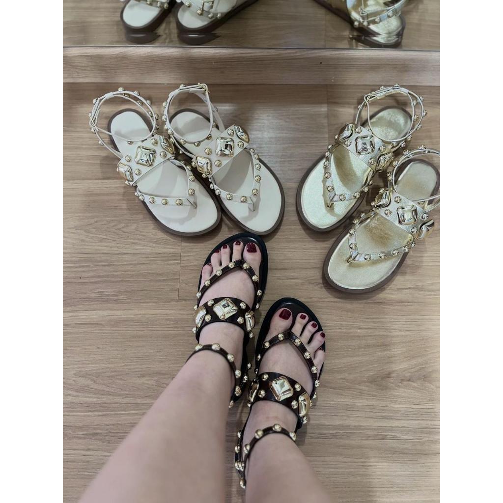 Sandália Feminina Rasteira Premium com Pedrarias e Detalhes Dourados – Elegante e Confortável