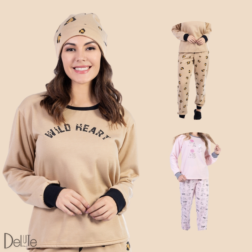 Pijama Feminino Plus Size Moletinho De Inverno Flanelado Quentinho Blusa e Calca Longa Estampado