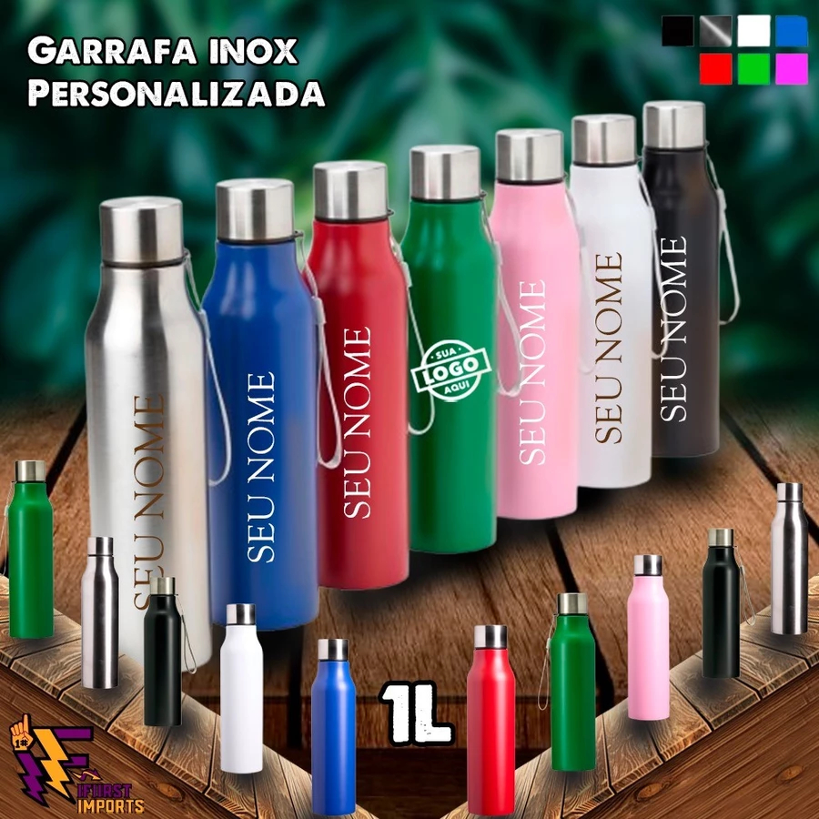 KIT Garrafas Personalizadas 1 Litro Inox, super durável e resistente, tampa de alumínio em Oferta na Shopee