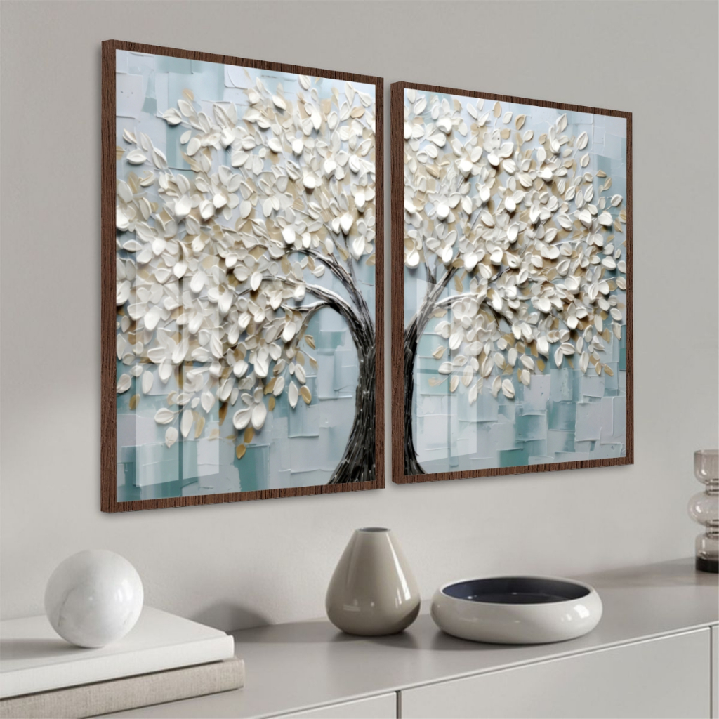 Quadro Moldura Vidro Kit Duas Peças Árvore Da Vida Cerejeira Branca Decoração Quarto Sala Escritório