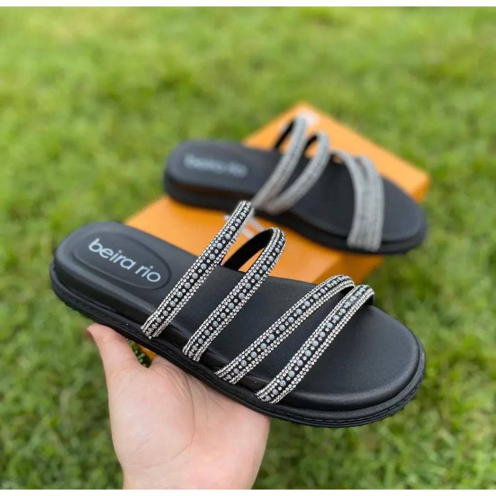 Sandália Feminina Papete Beira Rio Conforto Lançamento Tiras Em Strass Cristal Moda Verão Rasteira em Oferta na Shopee