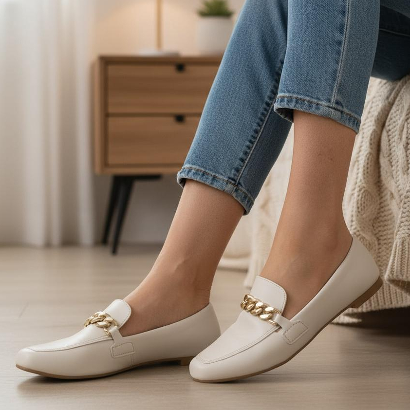 Mocassim Feminino Confort Bico Quadrado Corrente Promoção Ref. 4706