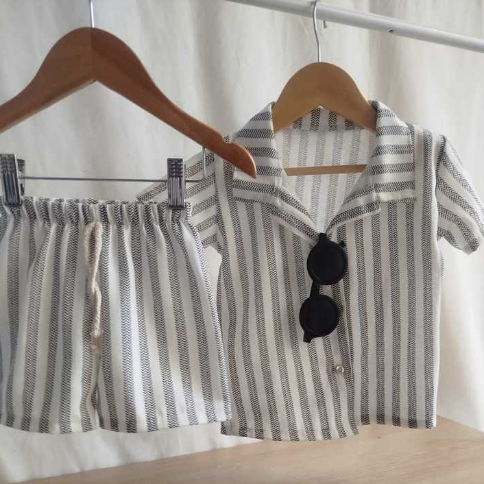 Conjunto Camisa e Short Mauricinho bebê- Tecido em LINHO LISTRADO 1- 8 ANOS MODA KIDS