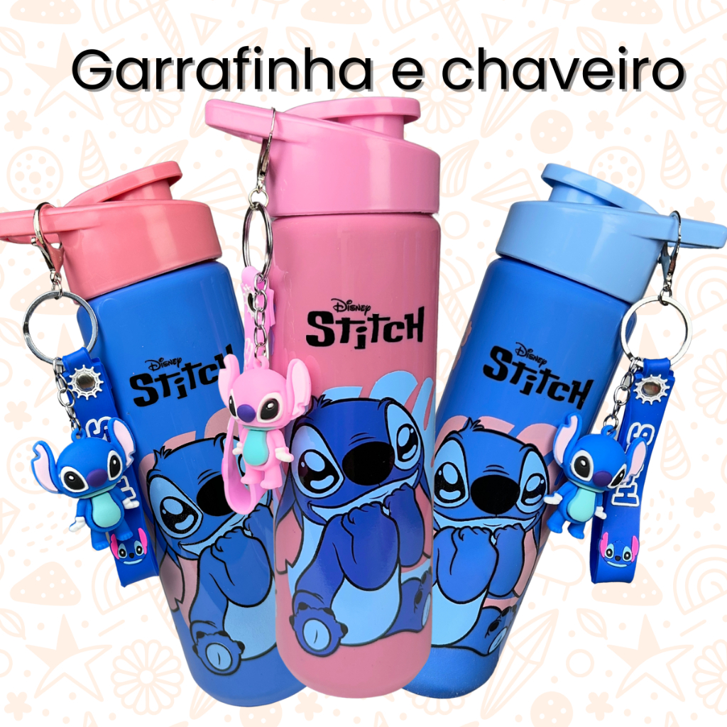 Garrafinha Água Escolar Disney Licenciados do Stitch Homem Aranha Minnie Mickey mais Chaveiro
