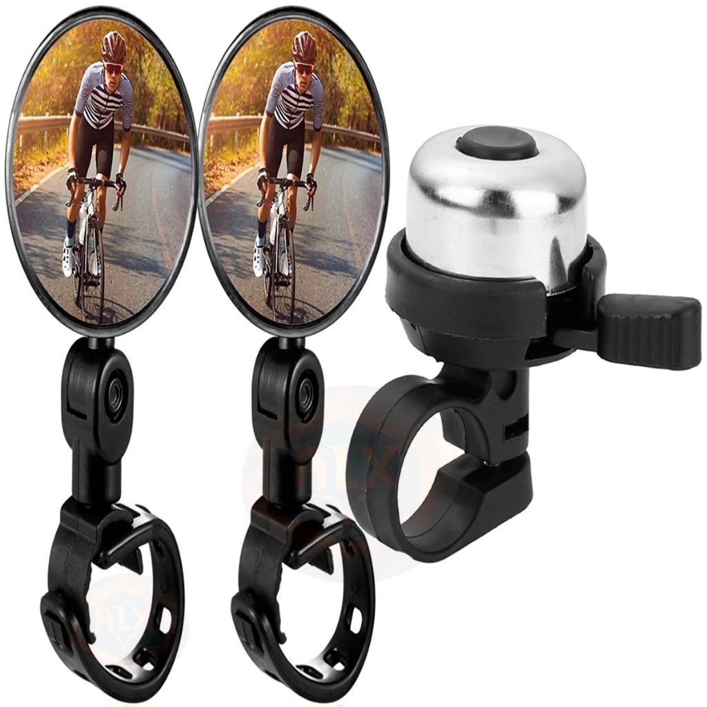 Kit 2 Espelho Retrovisor para Bike Convexo 360º Giratório + Buzina De Bicicleta Trim Trim Cromada Campainha Si
