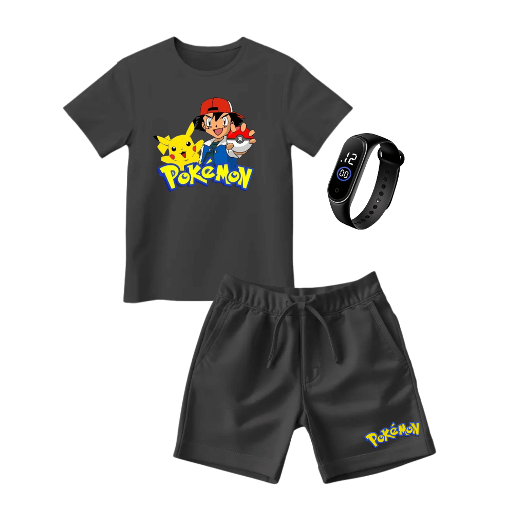 Conjunto Infantil Pokemon Camiseta Bermuda Relógio Juvenil - Envio Rápido