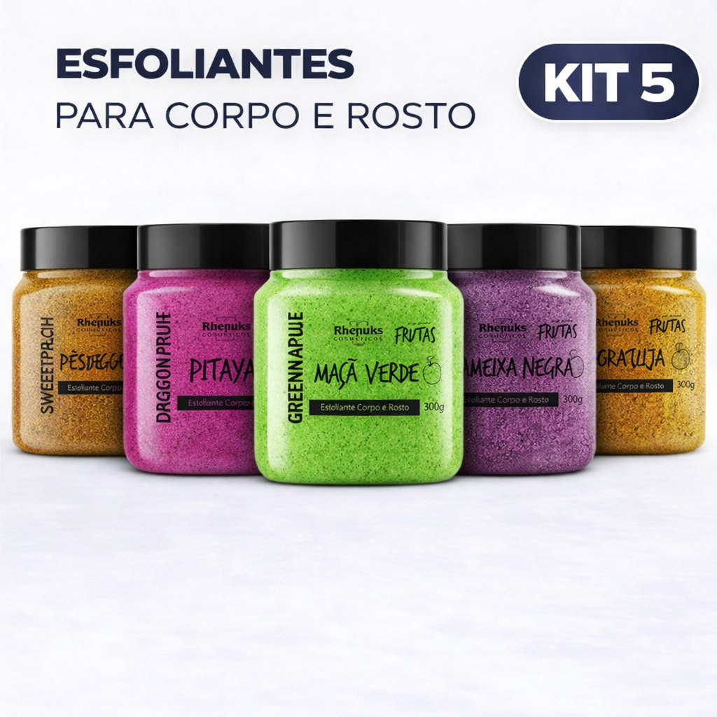 Kit 5x Esfoliante Rhenuks Maçã Verde, Ameixa, Pitaya, Maracujá e Pêssego