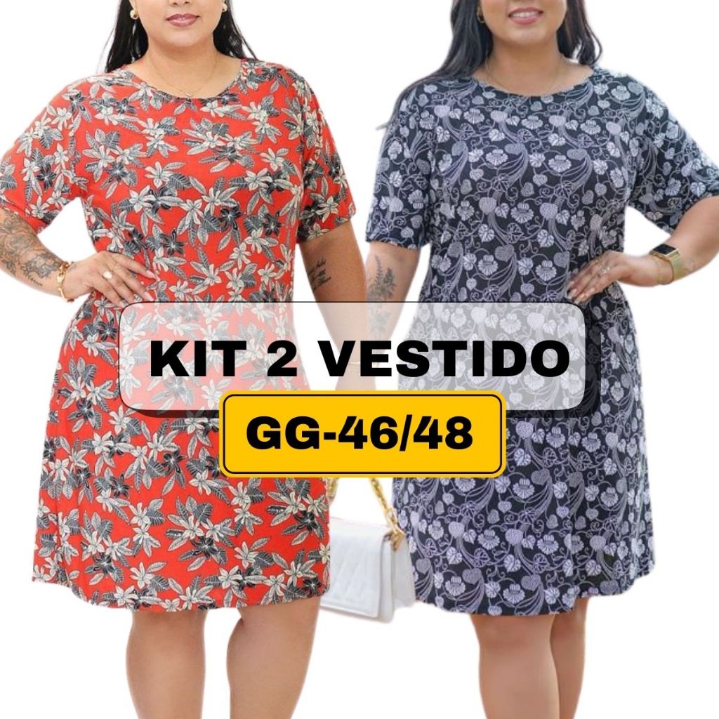 Kit 2 Vestidos  Plus Size Estampado Malha Liganete Feminino Com Manga Leve e Confortavel em Oferta na Shopee
