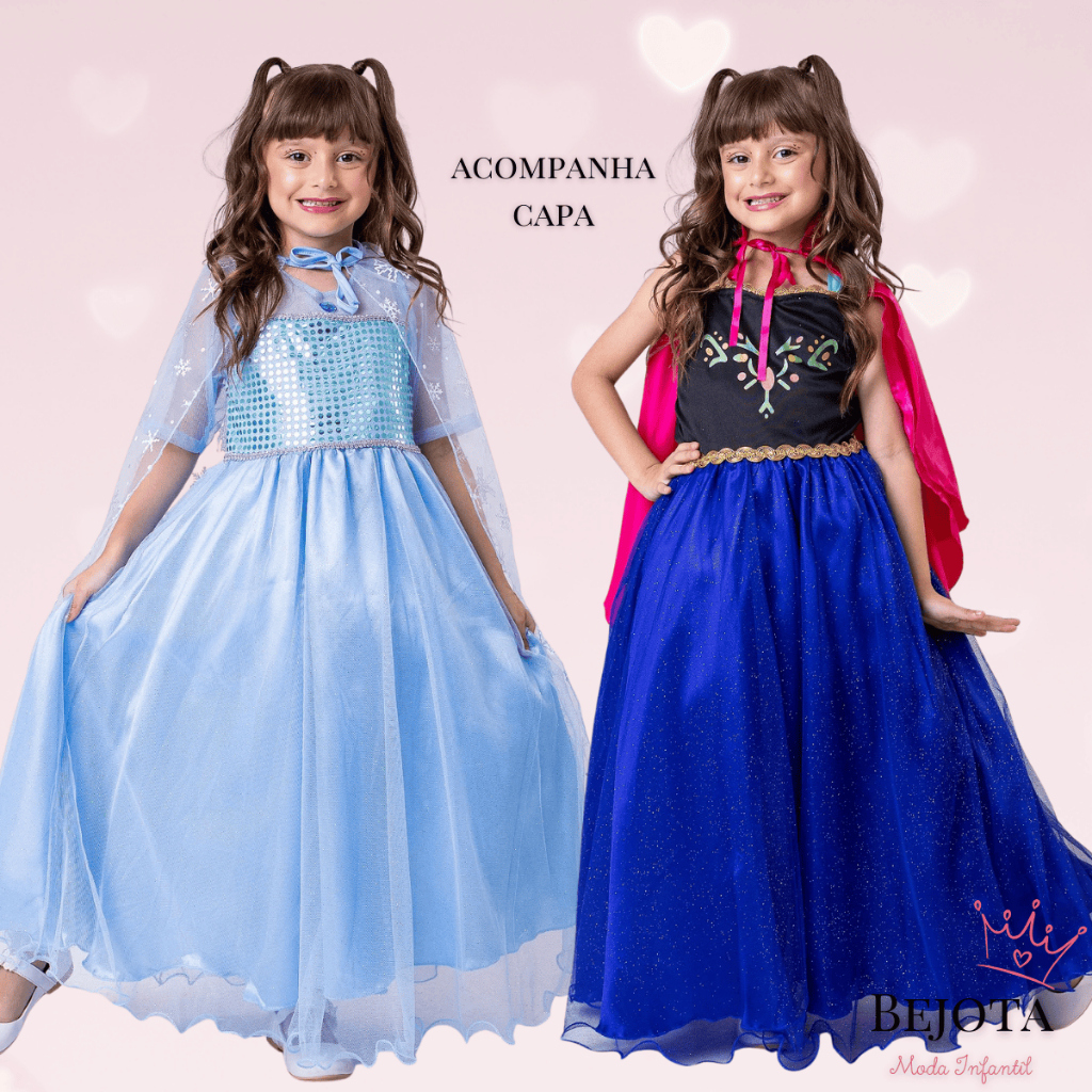 Fantasia Princesa Ana Frozen ou Elsa Longa Com Capa Tematico Festa Aniversário Infantil Menina