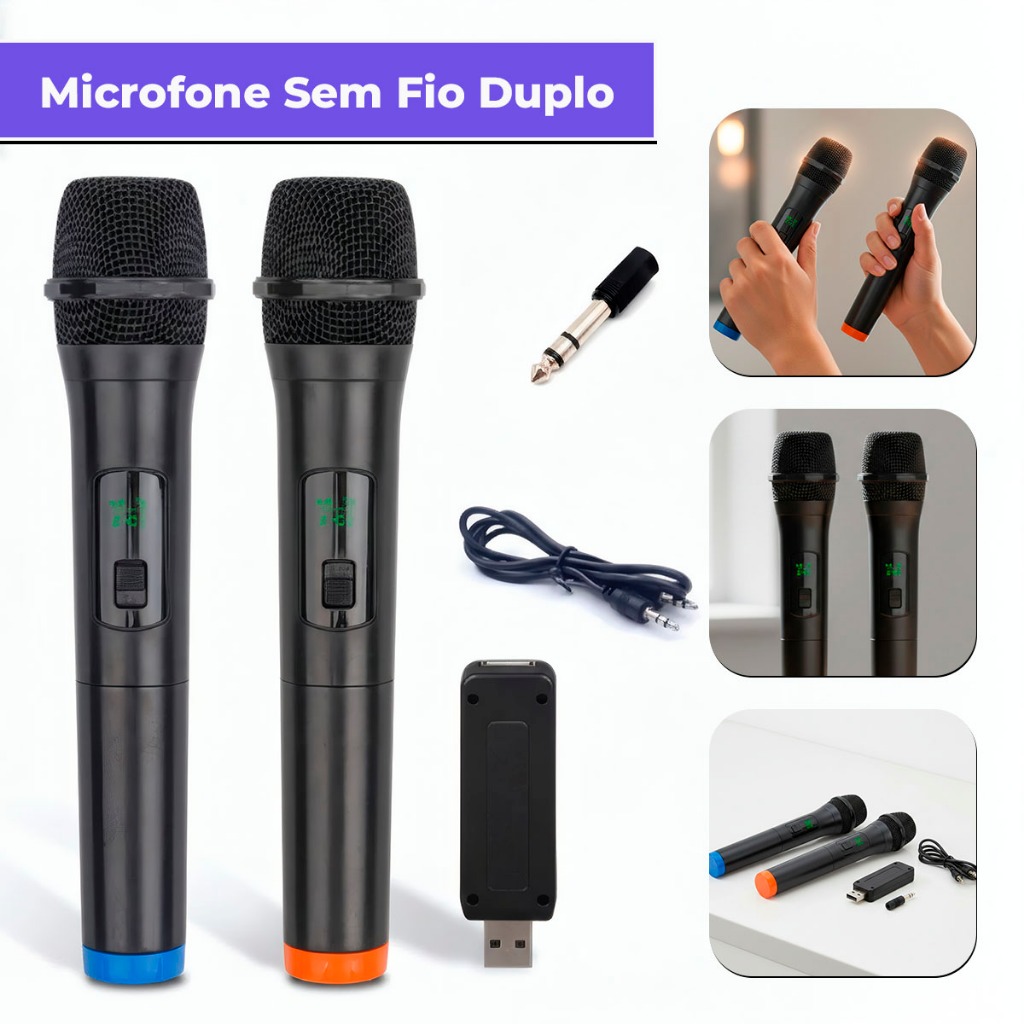Microfone Sem Fio Duplo Profissional Karaoke Igreja Palestra Cor Preto