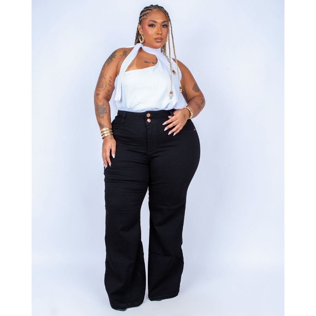 Calça Jeans Plus Size Wide Leg Pantalona Levanta Bumbum Preta Premium em Oferta na Shopee