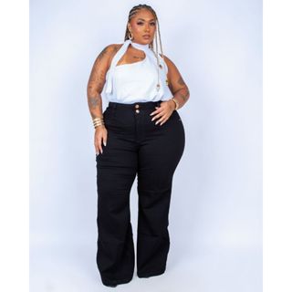 Calça Jeans Plus Size Wide Leg Pantalona Levanta Bumbum Preta Premium em Oferta na Shopee