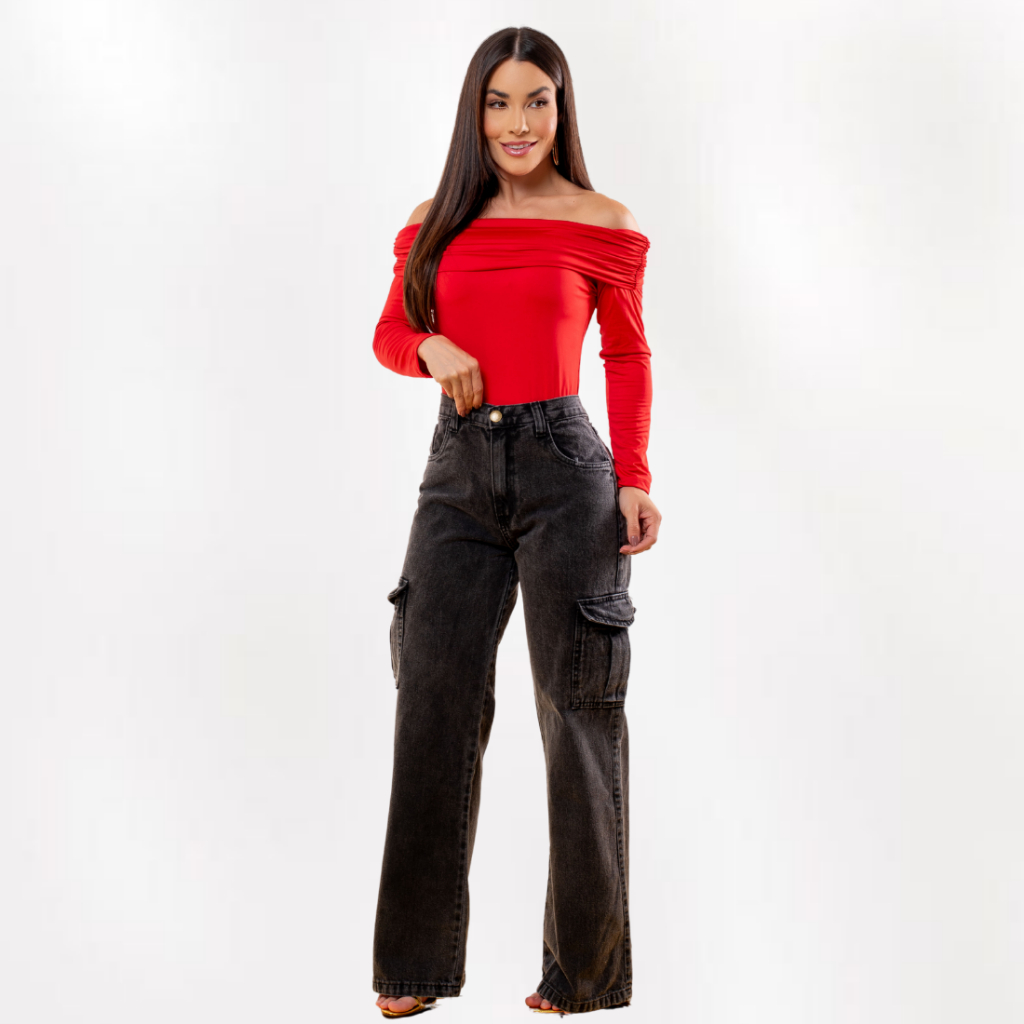 Calça Jeans Feminina Cargo Levanta Bumbum Cintura Alta