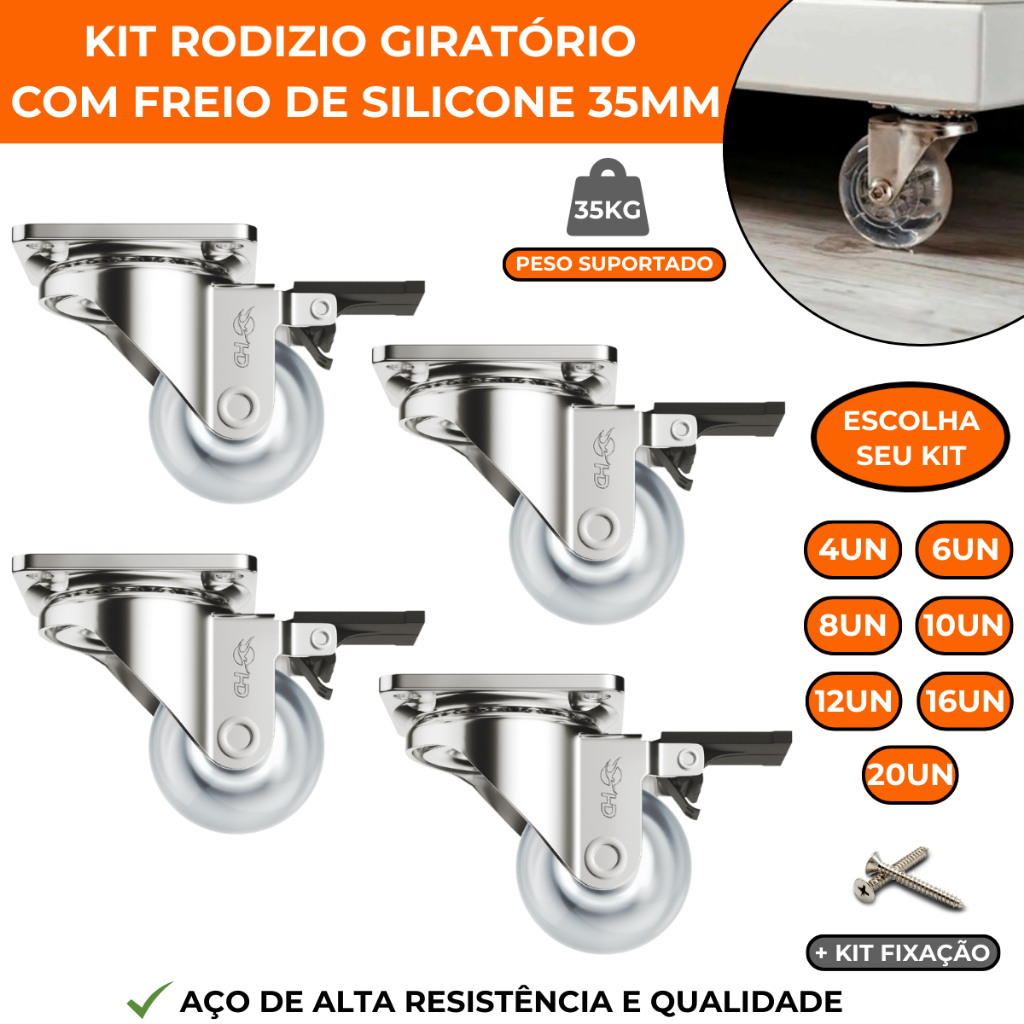 Kit Rodizio Giratório Gel Rodinha Silicone 35mm Com Freio em Oferta na Shopee