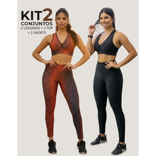 Kit Conjuntos Fitness Feminino – Tops Calças Legging e Shorts com Cós Alto