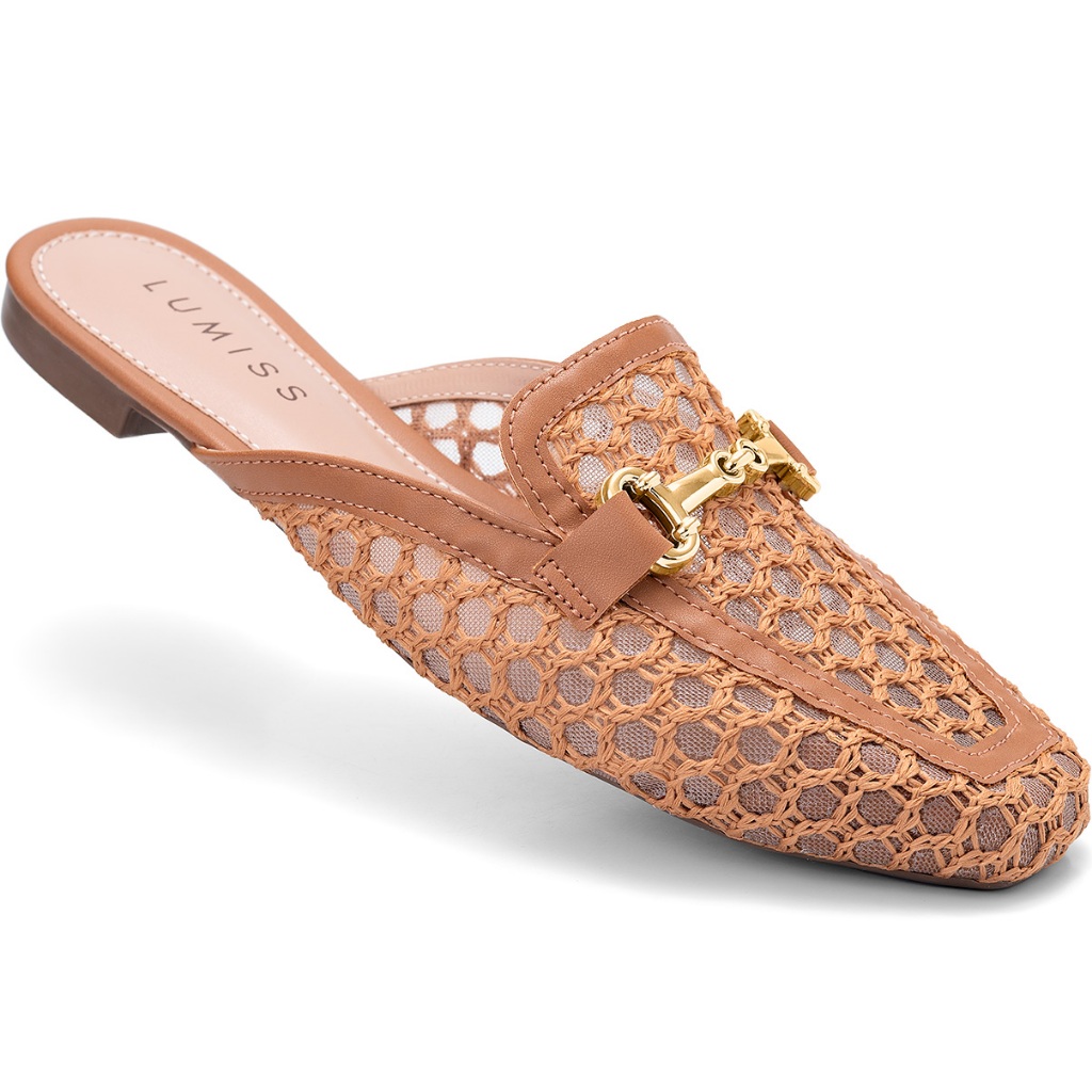 Mule Feminino Lumiss Material Natural Tela Bico Quadrado Confortável Enfeite Dourado em Oferta na Shopee