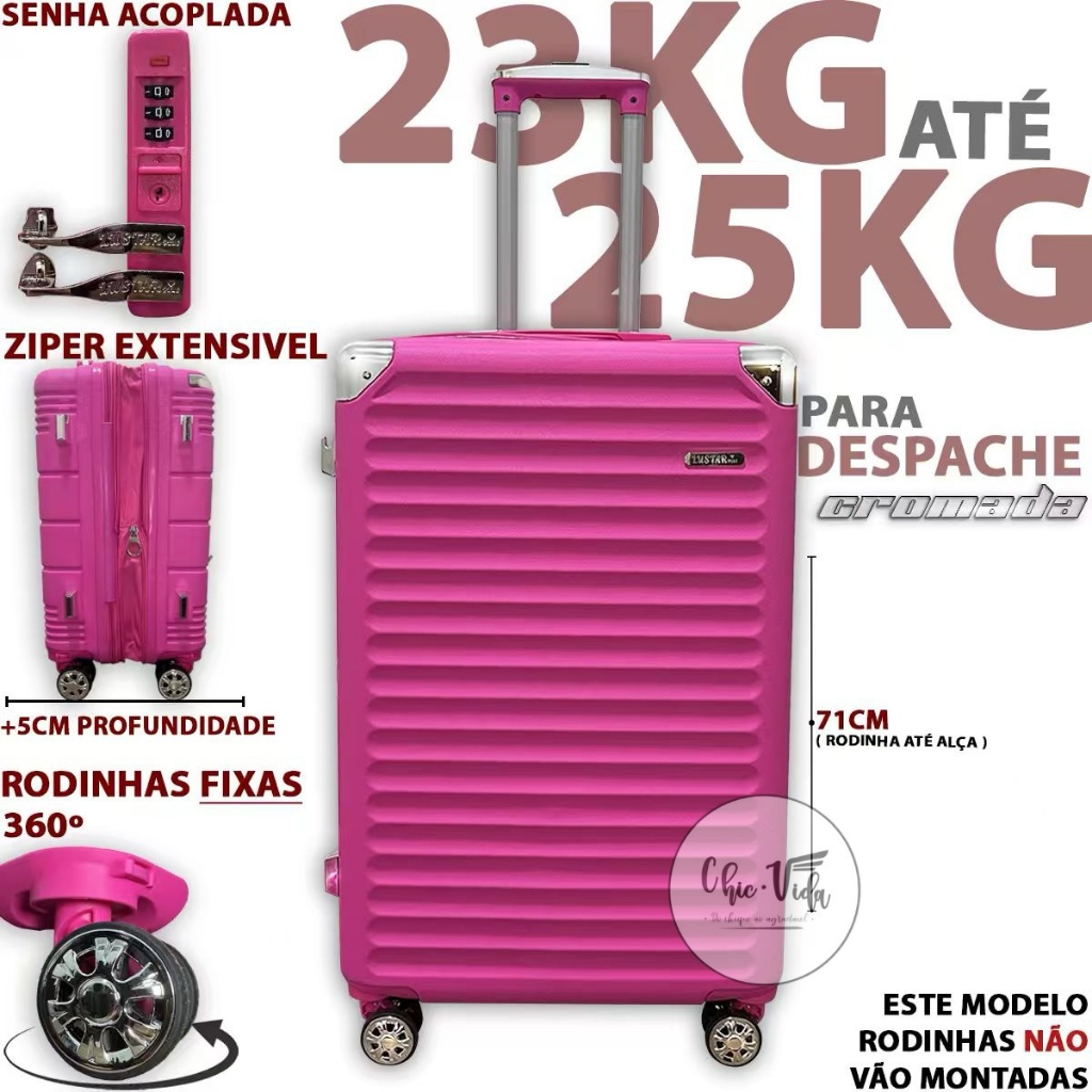 Mala De Viagem Despacho23KG Pink Roda Dupla Mala Despachada Duplo Ziper Promoção