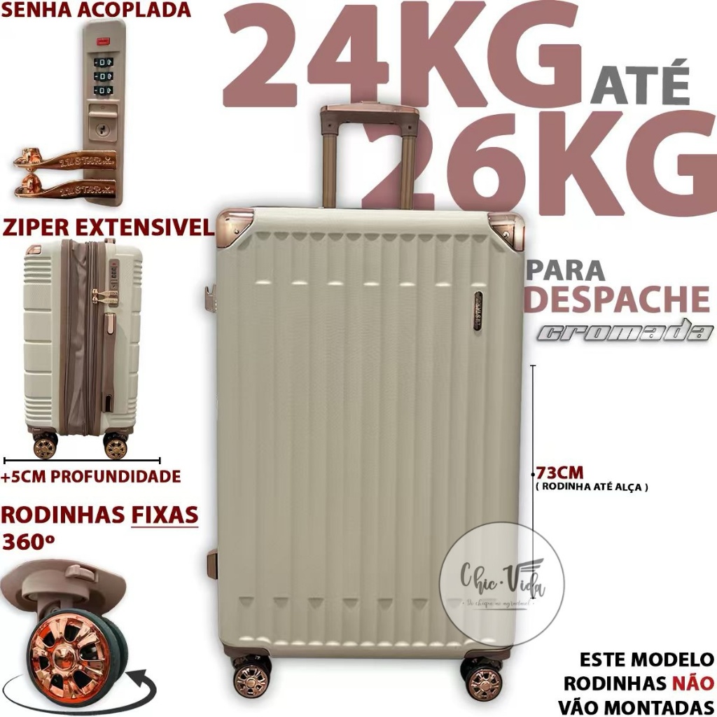 Mala De Viagem 23KG Cream ABS Rodinhas 360 Dupla Mala Branca Para Viagem 23 Kilos Grande Despachar