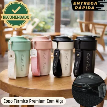 Copo Térmico Inox Parede Dupla 450ml Café Chás Cerveja Quente Frio Anti Vazamento Alça de Transporte