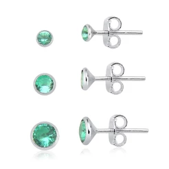 Kit 3 Brincos Trio Feminino Zircônia Cravação Inglesa De Prata 925 Verde