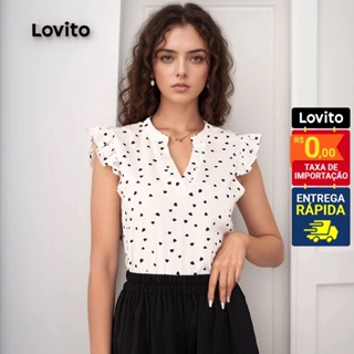 Lovito Blusa sem Manga com Detalhes Babados e Estampada de Coração BLB20D1496 em Oferta na Shopee