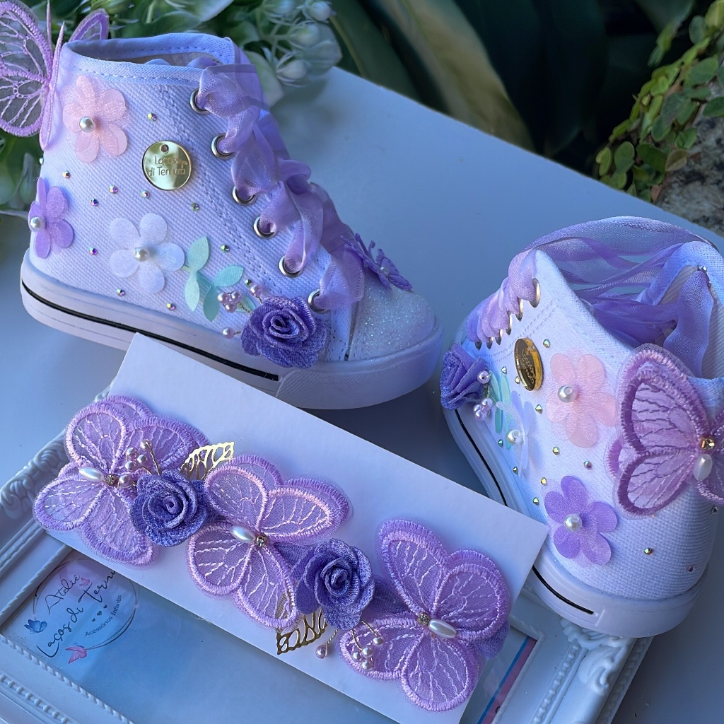 Kit Tênis Menina Jardim Encantado Lilás Sapatinho + Laço Decorado Infantil ou Faixinha/Tênis em Oferta na Shopee