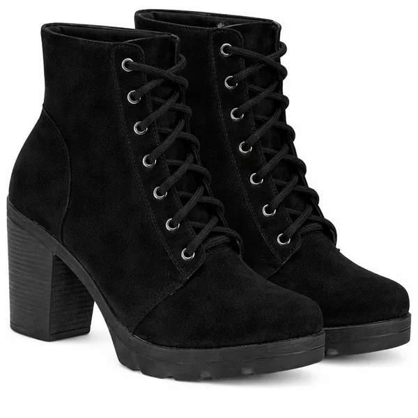 Bota Feminina Cano Curto Preta Salto Grosso Tratorada Confortável Moda Inverno