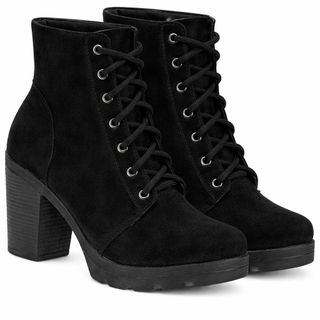 Bota Feminina Cano Curto Preta Salto Grosso Tratorada Confortável Moda Inverno