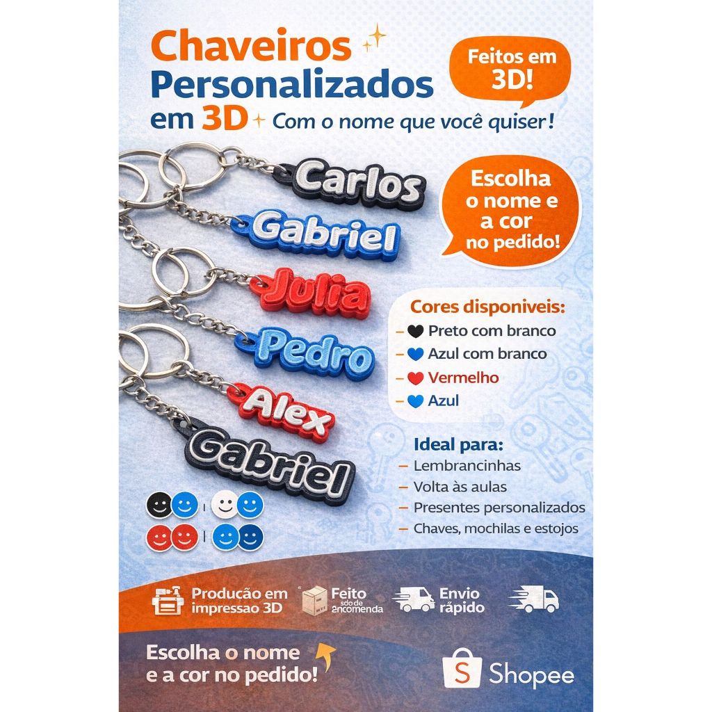 Chaveiro Personalizado Nome 3D Colorido – Para Chaves, Mochila, Bolsa – Presente Criativo