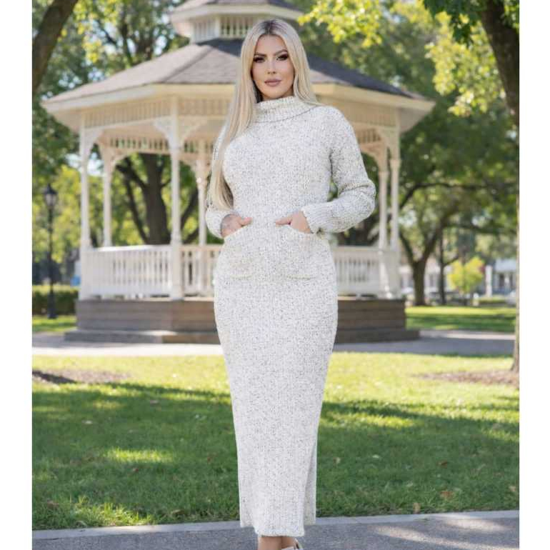 Vestido Longo de Mousse com Bolso Gola Alta Moda Tricô Tricot 2026