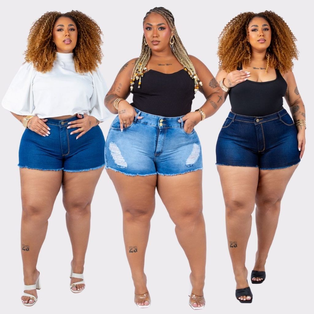 Shorts Jeans  Plus Size Curto Barra Desfiada Cintura Alta em Oferta na Shopee