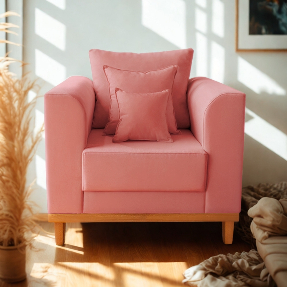 Poltrona Sala de Estar Beny Suede Rosa Com Almofadas Decorativas Madeira Estofados