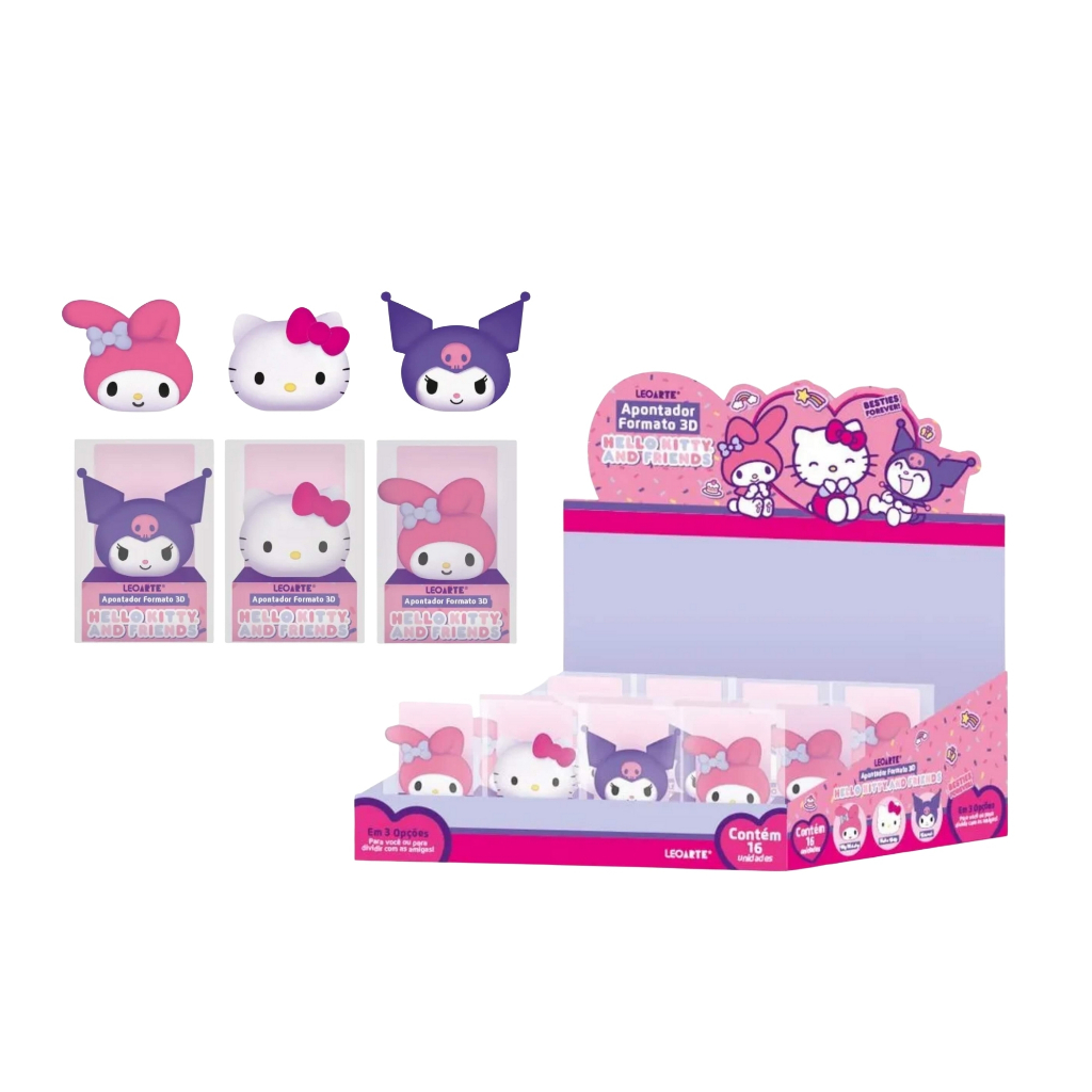 Apontador Formato 3D Hello Kitty e Amigos Sortido Display C/ 16 Unidades Leoarte Leonora Papelaria em Oferta na Shopee