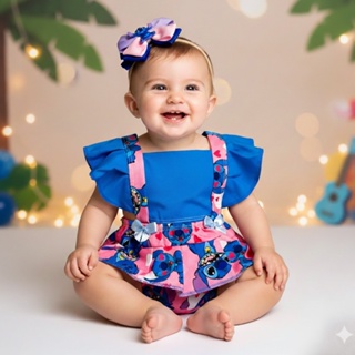 Romper Infantil Vestido Stitch Bebe Menina Jardineira Fantasia + Arquinho em Oferta na Shopee