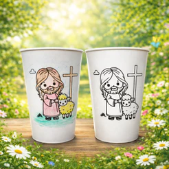Kit 50 Copos Jesus e a Ovelhinha Páscoa plástico 450ml chocolate lembrancinha divertido crianças