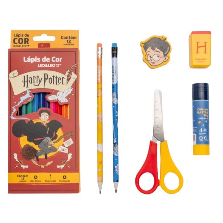 Kit Escolar Material Infantil Harry Potter Lapis Cor tesoura Cola Apontador Leo e Leo Promo Presente