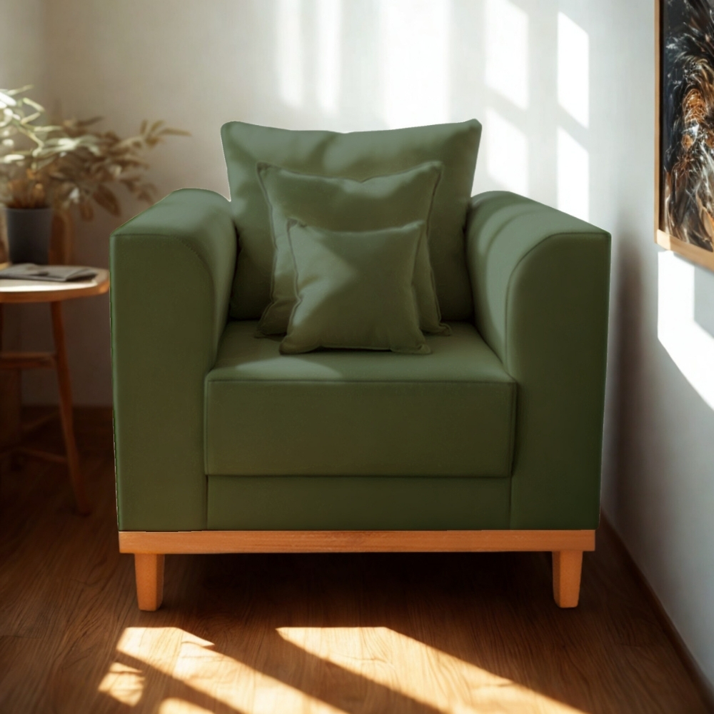 Poltrona Sala de Estar Beny Suede Verde Com Almofadas Decorativas Madeira Estofados