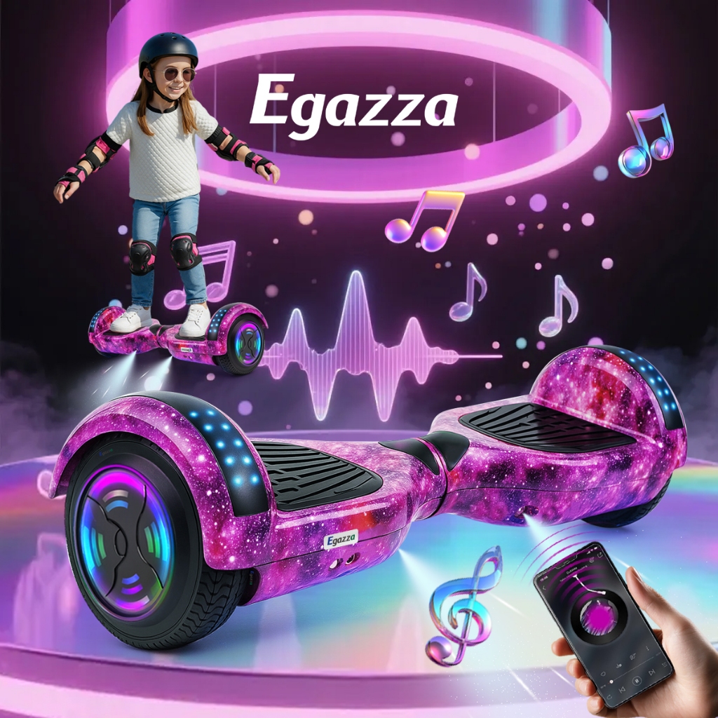 Egazza Hoverboard LED Skate Eletrico Exclusivo 6,5 Polg Vem com e Bluetooth caixa som Roxo Rosa