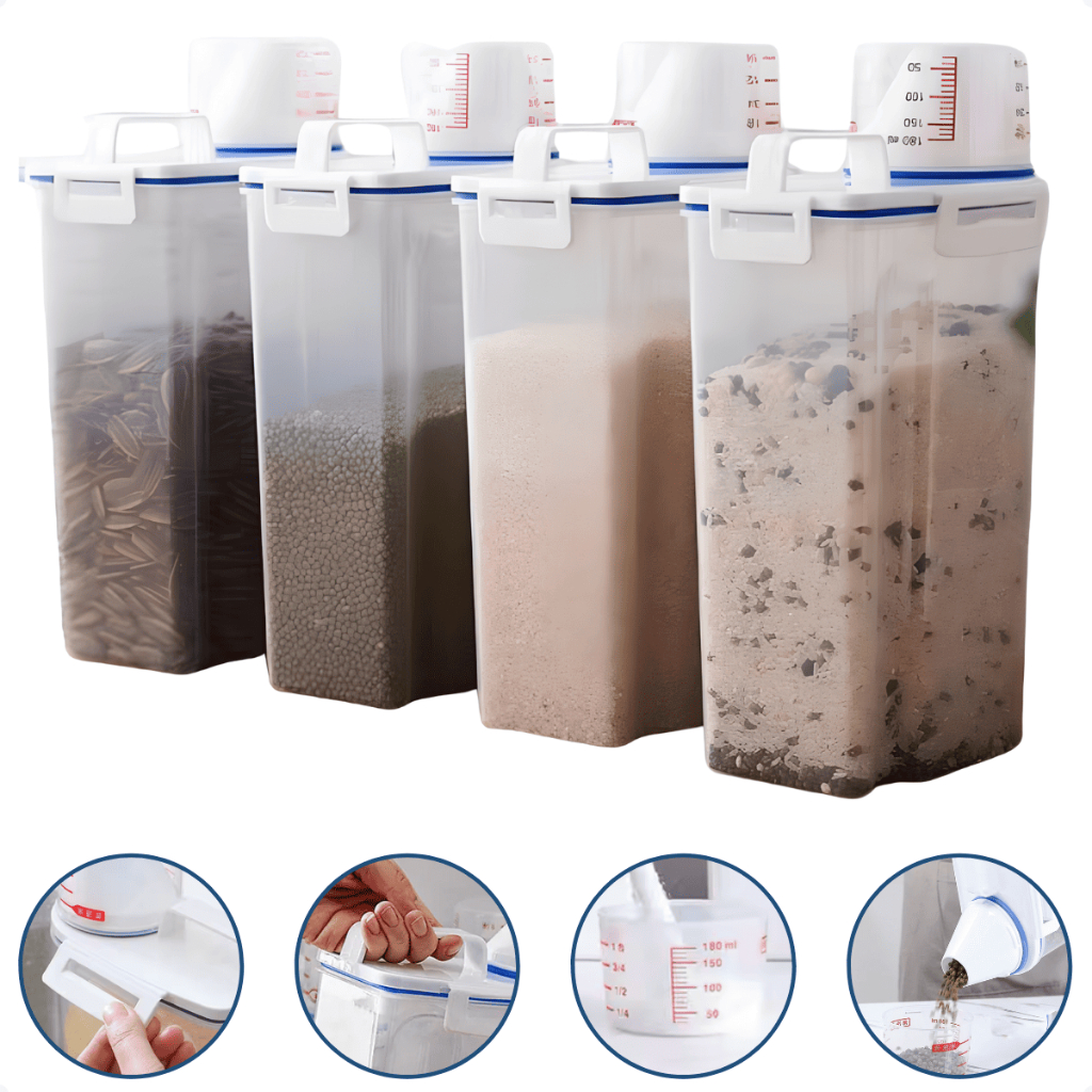 Pote Hermético Mantimentos Arroz Feijão Ração 2L Dispenser Cereal Plástico Transparente Copo Medidor Cozinha Organizador