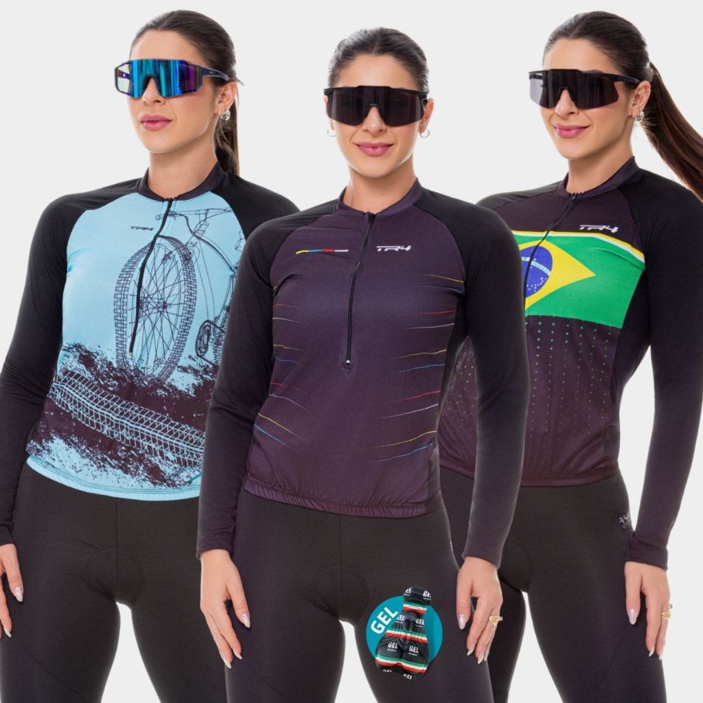 Conjunto Ciclismo Feminino Camisa Manga Longa Várias Estampas Bermuda Forro Gel