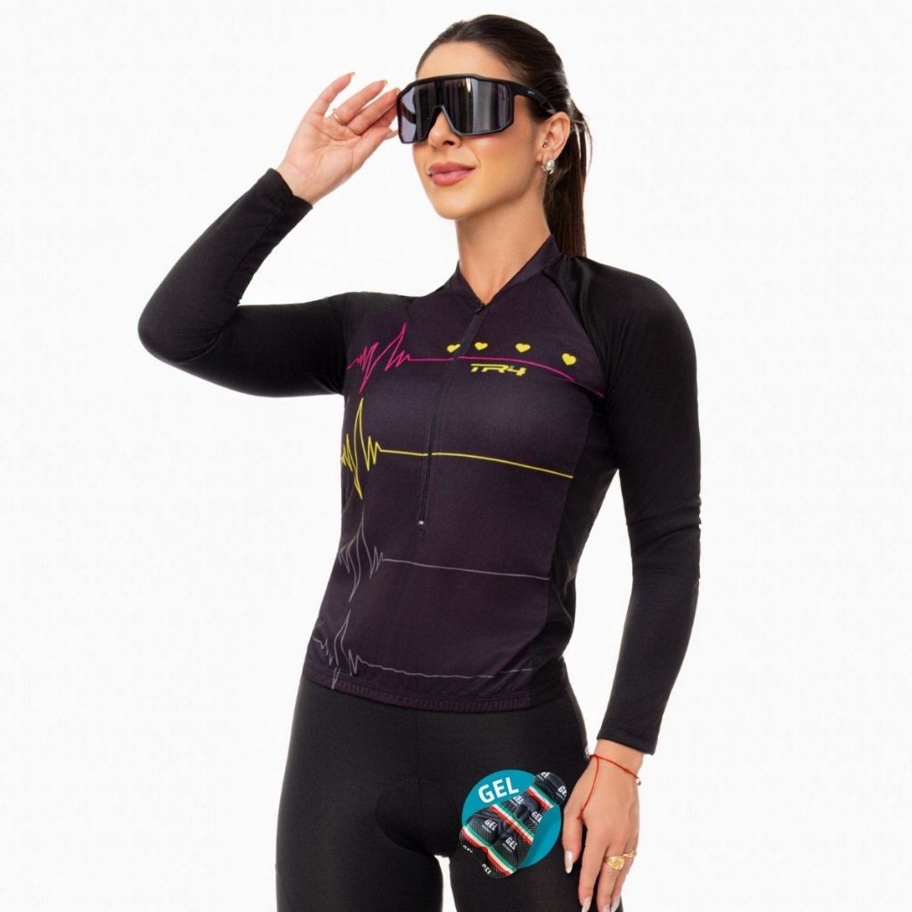 Conjunto de Ciclismo Feminino Camisa Manga Longa Camiseta e Bermuda Short Acolchoado Gel Roupa Mtb