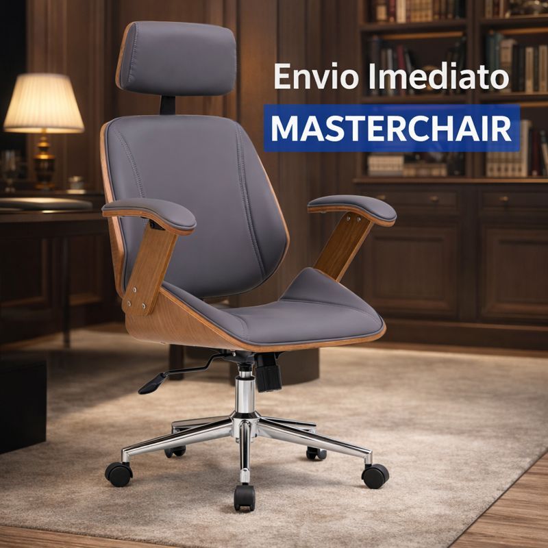 Cadeira De Escritório Presidente Ergonômica Giratória Acabamento em Couro Sintético e Madeira Lisboa