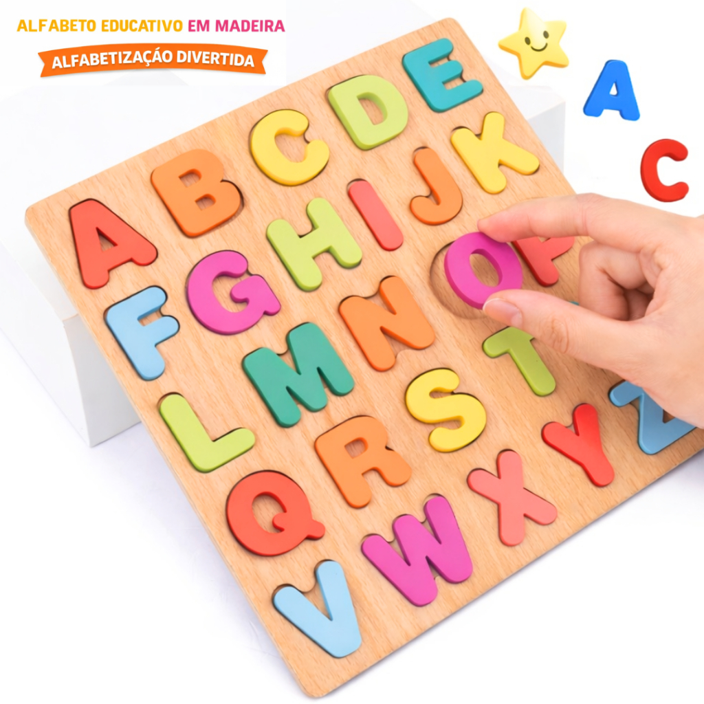 Alfabeto Infantil em Madeira Brinquedo Educativo Pedagógico para Alfabetização